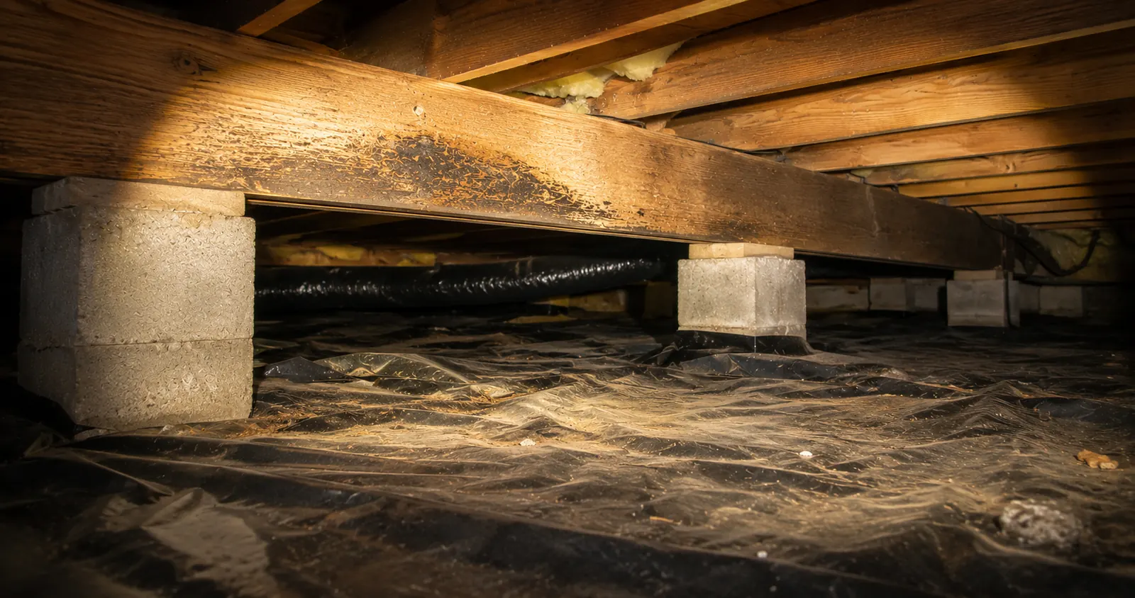 Blog: crawlspace mold in Eastern Idaho - dimly-lit crawlspace beam shot (illustrative image)
