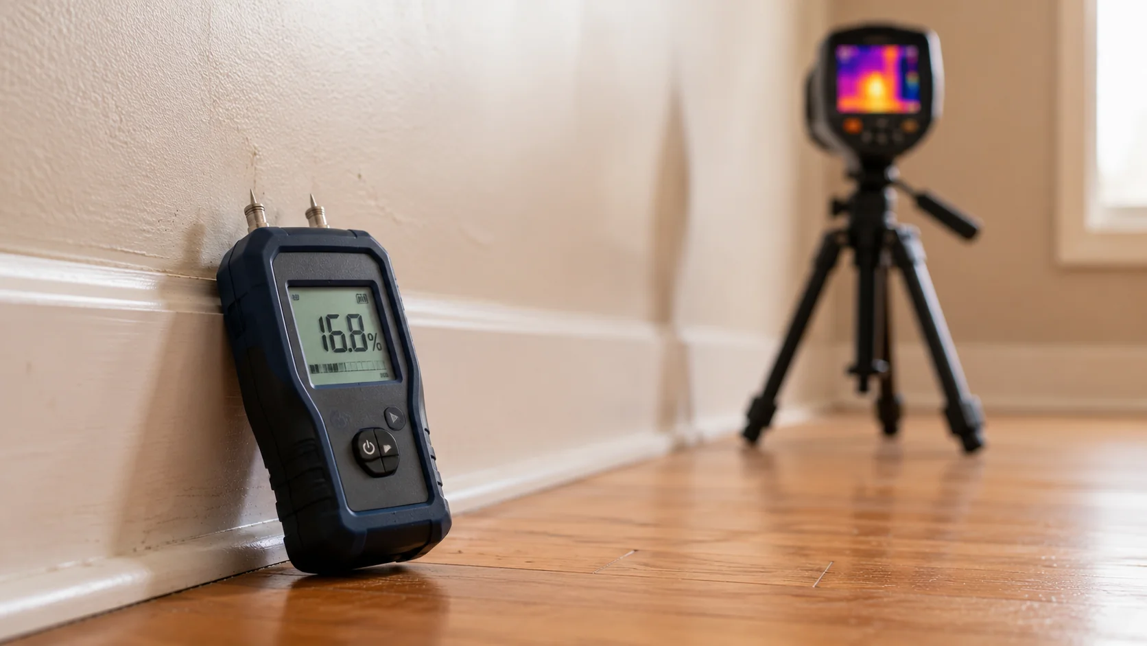 Inspection service page hero - moisture meter on baseboard (ins1)